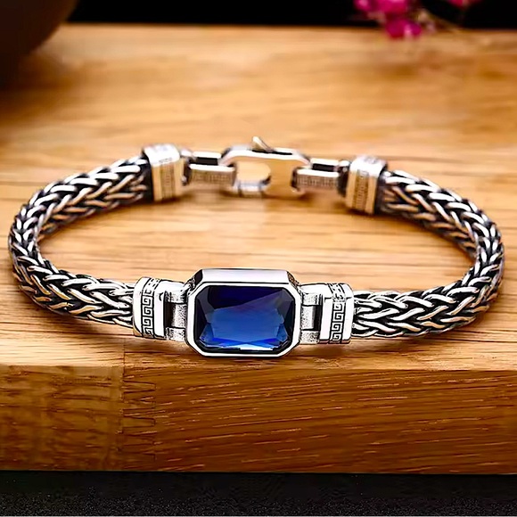 Sterling Silver Blue Zircon Braided Bracelet, Unisex, Handmade - Picture 1 of 15